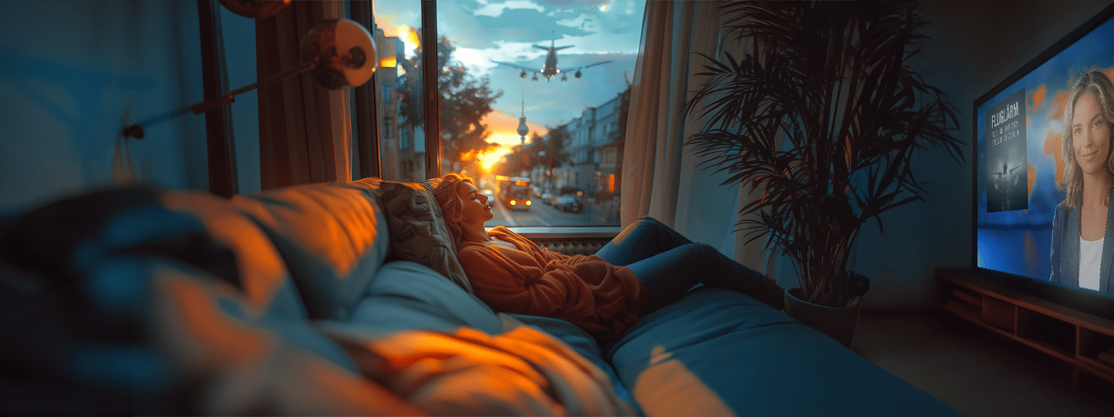 Frau entspannt sich auf einem Sofa vor einem Fenster mit Lärmschutz, während ein Flugzeug und Verkehrslärm draußen zu sehen sind.