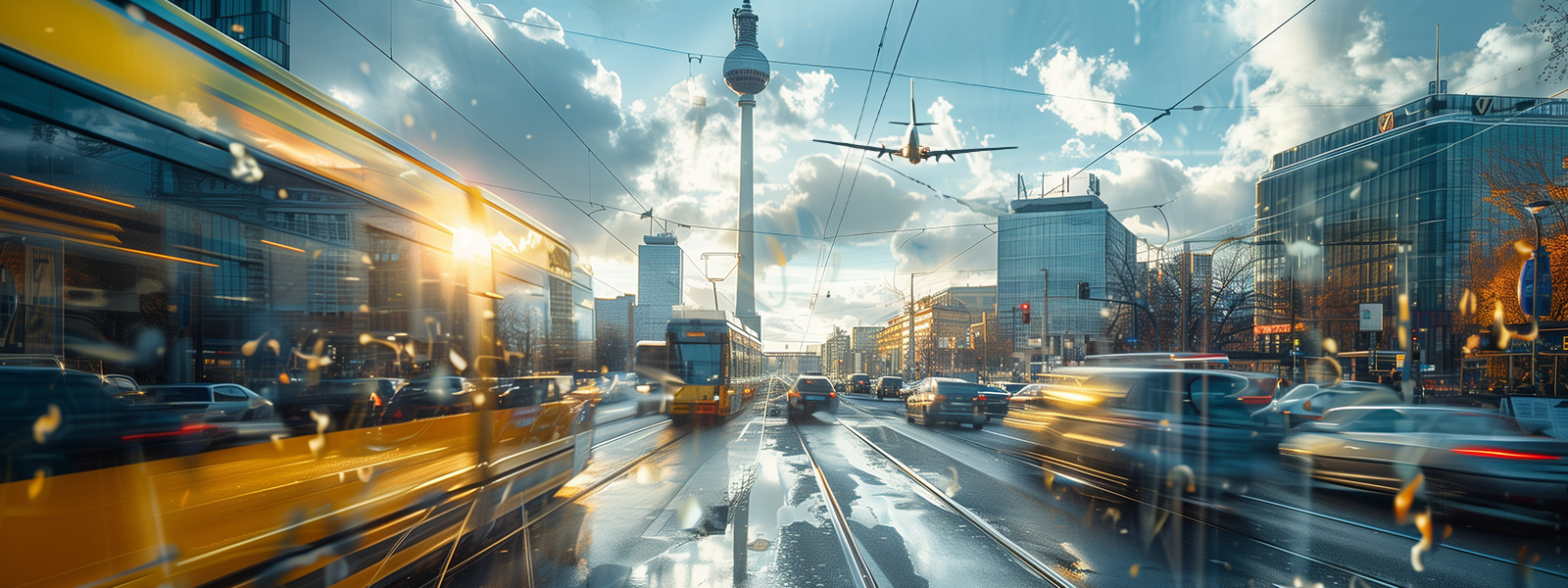 Straßenszene in Berlin mit Fernsehturm, Straßenbahnen und Flugzeug am Himmel.