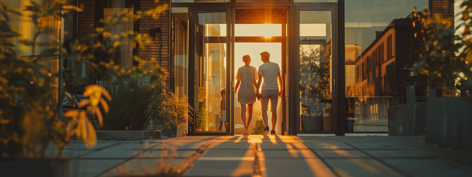Paar mit Kind betreten ein modernes Gebäude bei Sonnenuntergang durch eine große Glas-Schallschutztür.