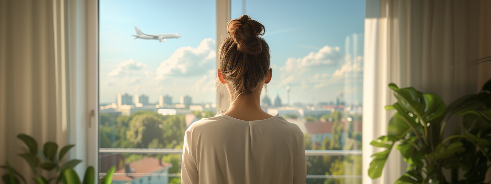 Frau steht vor einem Fenster mit Blick auf eine Stadtlandschaft und ein vorbeifliegendes Flugzeug.